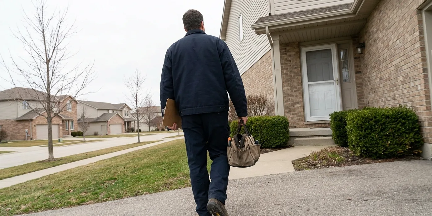 A plumber in work clothes carrying a tool bag toward the front door of a suburban home