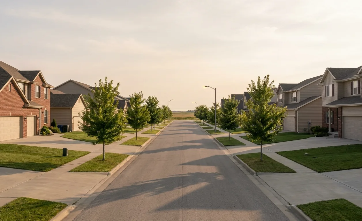 A quiet residential street of two-storey homes with mature trees in a west Omaha suburb