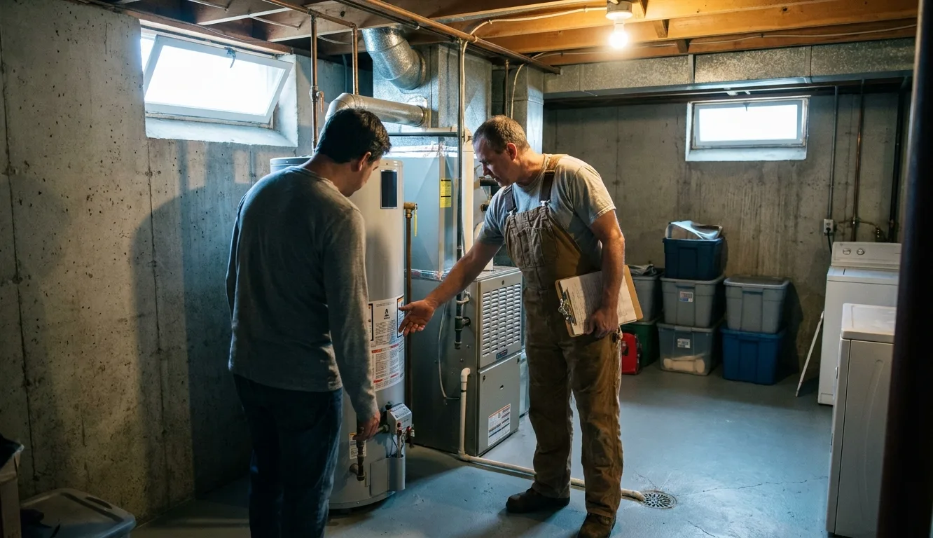 An Elkhorn plumber pointing out the temperature and pressure relief valve on a homeowner's water heater while talking through what he has found