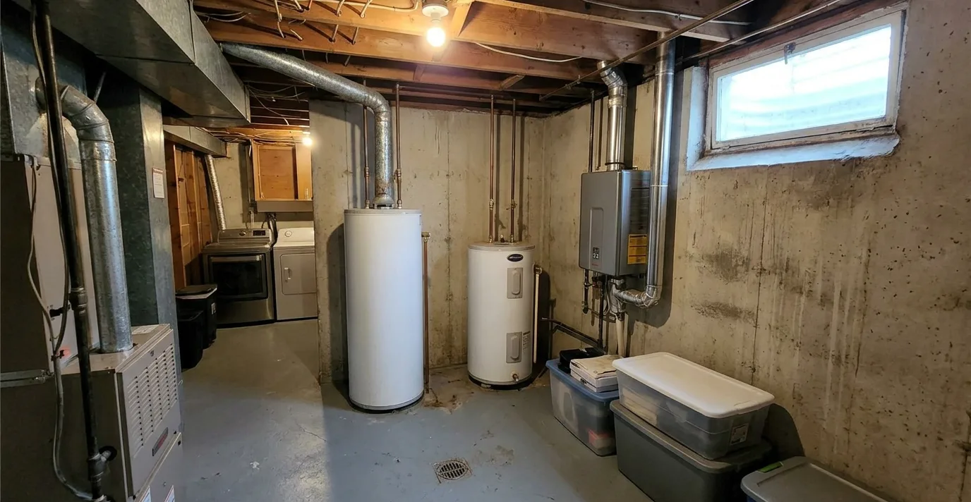 A tall gas storage water heater, a shorter electric tank and a wall-mounted tankless unit standing side by side in a Nebraska basement utility room
